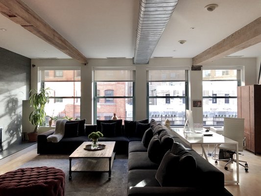 Project B: Motorized solar shades with 5% opacity to reduce the heavy sunlight and heat and protect the furnitures. 
System: Somfy - Project B: Motorized solar shades with 5% opacity to reduce the heavy sunlight and heat and protect the furnitures. 
System: Somfy