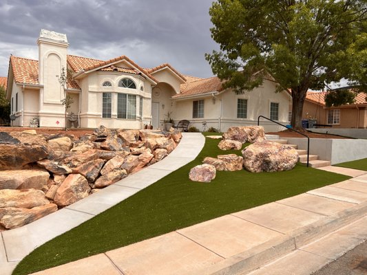 residential walkway - Residential walkway before and after photos.  This job entailed, grading, delivery of boulder rocks, artificial turf installed, concrete walkway.  Great curb appeal.  Satisfied customer
