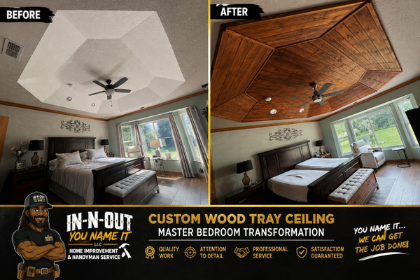 custom-designed stained wood tray ceiling - This master bedroom received a complete ceiling upgrade with a custom-designed stained wood tray ceiling built to enhance the home’s beauty and architectural style. The original textured tray ceiling was transformed into a warm, elegant focal point using premium tongue-and-groove wood planks, precision trim work, and expert craftsmanship.
Every board was carefully measured, cut, and installed to match the unique angles of the tray ceiling, creating clean lines and a seamless finish throughout. We also removed and reinstalled the ceiling fan, worked around the recessed lighting and smoke detector, and completed every detail with professional care to ensure a flawless final product.
The rich wood finish brings warmth, texture, and sophistication to the room while increasing the home’s overall appeal and value. This type of custom ceiling is a perfect choice for homeowners looking to create a luxury appearance without a full room renovation. custom-designed stained wood tray ceiling - This master bedroom received a complete ceiling upgrade with a custom-designed stained wood tray ceiling built to enhance the home’s beauty and architectural style. The original textured tray ceiling was transformed into a warm, elegant focal point using premium tongue-and-groove wood planks, precision trim work, and expert craftsmanship.
Every board was carefully measured, cut, and installed to match the unique angles of the tray ceiling, creating clean lines and a seamless finish throughout. We also removed and reinstalled the ceiling fan, worked around the recessed lighting and smoke detector, and completed every detail with professional care to ensure a flawless final product.
The rich wood finish brings warmth, texture, and sophistication to the room while increasing the home’s overall appeal and value. This type of custom ceiling is a perfect choice for homeowners looking to create a luxury appearance without a full room renovation.