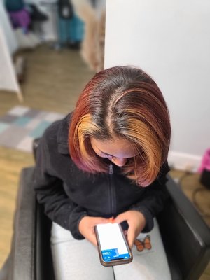 The Color - Our client was shy this day but wanted a pop and a change! we created our red and blonde around the perimeter for a cool peek a boo effect The Color - Our client was shy this day but wanted a pop and a change! we created our red and blonde around the perimeter for a cool peek a boo effect