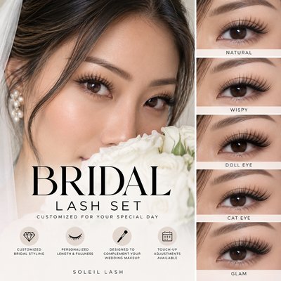 Bridal Lash Set - Designed especially for your wedding day, our Bridal Lash Set is customized to complement your eye shape, bridal makeup, and desired look whether you prefer soft and natural, wispy and romantic, or full and glamorous.
We recommend booking your bridal set in advance of your wedding day to allow time to adjust to your lashes and make any necessary touch ups or changes to the length, fullness, or style.
For first-time lash clients, booking early is especially recommended in case of unexpected sensitivity or an allergic reaction. Bridal Lash Set - Designed especially for your wedding day, our Bridal Lash Set is customized to complement your eye shape, bridal makeup, and desired look whether you prefer soft and natural, wispy and romantic, or full and glamorous.
We recommend booking your bridal set in advance of your wedding day to allow time to adjust to your lashes and make any necessary touch ups or changes to the length, fullness, or style.
For first-time lash clients, booking early is especially recommended in case of unexpected sensitivity or an allergic reaction.