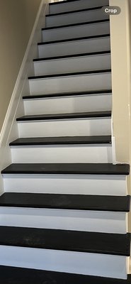 Staircase - Customer wanted a black & white staircase. We prepped, primed, and painted all risers & trim in white. All steps were finished in black .. Staircase - Customer wanted a black & white staircase. We prepped, primed, and painted all risers & trim in white. All steps were finished in black ..