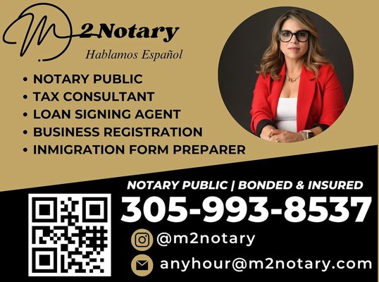 In Office Notary Services – Fast & Reliable - Choose M2 Notary Services for professionalism you can trust. With years of experience serving the community, we take pride in providing accurate, reliable, and detail-oriented notarial services — both mobile and in-office.
We understand the importance of your documents, and every signature and seal is handled with the highest level of care and confidentiality.
Our bilingual service (English & Spanish) ensures clear communication and a smooth process for every client. Whether you need a notarization, apostille, translation, business registration, or tax preparation, we’re here to make the process simple and stress-free. In Office Notary Services – Fast & Reliable - Choose M2 Notary Services for professionalism you can trust. With years of experience serving the community, we take pride in providing accurate, reliable, and detail-oriented notarial services — both mobile and in-office.
We understand the importance of your documents, and every signature and seal is handled with the highest level of care and confidentiality.
Our bilingual service (English & Spanish) ensures clear communication and a smooth process for every client. Whether you need a notarization, apostille, translation, business registration, or tax preparation, we’re here to make the process simple and stress-free.