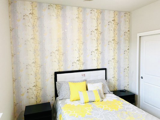 Accent wall in the bedroom - «Sunny» project during a cloudy day. We installed wallpaper on the accent wall in the bedroom Accent wall in the bedroom - «Sunny» project during a cloudy day. We installed wallpaper on the accent wall in the bedroom