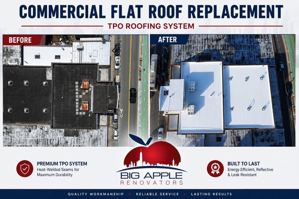 Commercial Flat Roof - This collection showcases a range of commercial flat roof replacements completed by our team. Each project involved removing failing roofing systems, addressing underlying conditions, and installing new watertight assemblies using high-performance materials such as TPO, SBS modified bitumen, EPDM, and silicone restoration systems where applicable.
Focus was placed on proper drainage, durable flashing details, and long-term performance across all installations, ensuring each roof system is built to withstand the demands of commercial properties Commercial Flat Roof - This collection showcases a range of commercial flat roof replacements completed by our team. Each project involved removing failing roofing systems, addressing underlying conditions, and installing new watertight assemblies using high-performance materials such as TPO, SBS modified bitumen, EPDM, and silicone restoration systems where applicable.
Focus was placed on proper drainage, durable flashing details, and long-term performance across all installations, ensuring each roof system is built to withstand the demands of commercial properties