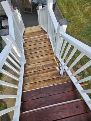 Refinishing the wood flooring of the deck by power washing, sanding and staining. - Refinishing the wood deck and stairs Refinishing the wood flooring of the deck by power washing, sanding and staining. - Refinishing the wood deck and stairs