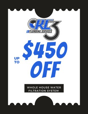 $450off Whole House Water Filtration System - Save $450 on a whole-house water filtration system installation! Enjoy clean, filtered water throughout your entire home and improve water quality for drinking, cooking, and bathing. Offer valid for a limited time only. This coupon cannot be combined with any other offers or promotions.