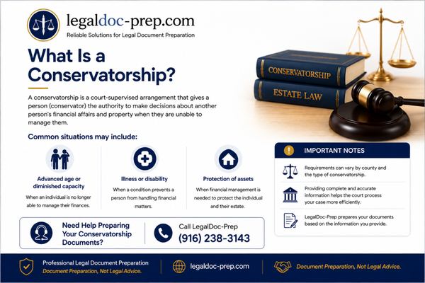 Conservatorship Document Preparation - LegalDoc-Prep provides professional document preparation services for conservatorship matters. We assist with preparing and organizing court forms and supporting documents based on the information provided by the client. Our goal is to make the document preparation process organized, accurate, and easier to navigate. Document preparation only — not legal advice or legal representation. Conservatorship Document Preparation - LegalDoc-Prep provides professional document preparation services for conservatorship matters. We assist with preparing and organizing court forms and supporting documents based on the information provided by the client. Our goal is to make the document preparation process organized, accurate, and easier to navigate. Document preparation only — not legal advice or legal representation.