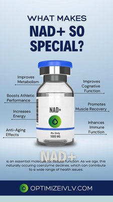 NAD+ Therapy - Discovered the power of NAD+! NAD+ (nicotinamide adenine dinucleotide) is a coenzyme that plays a vital role in our cells' energy production and DNA repair.

Not only does NAD+ support healthy aging, but it also enhances cognitive function, boosts metabolism, and improves overall vitality.

Contact us for a consultation today!