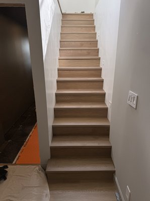 Stairs + Kitchen + garage install Gaea SPC - Leveled bad subfloor concrete & plywood then install Gaia Waterproof SPC Black Series, Color: Eyre