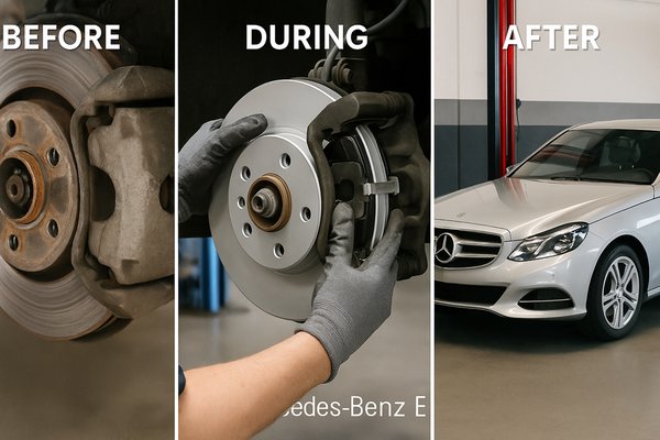Brake Repair & Safety Inspection – Mercedes-Benz E350 - This Mercedes-Benz E350 came in with grinding brakes and reduced stopping power. At M&M Auto Service, we performed a complete brake inspection and replaced the worn pads and rotors with high-quality parts. We also checked the hydraulic system and ran a full road test to ensure safety. The customer left with smooth, quiet braking and peace of mind knowing their vehicle was in expert hands.