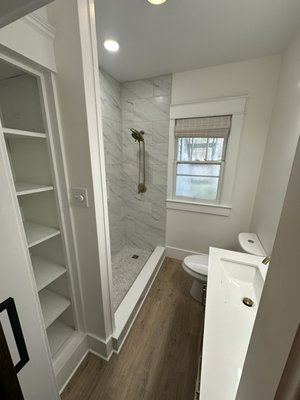 Bathroom remodel - This remodel was done on an outdated bathroom that was in bad shape. We removed the old tub/shower combo and install a new custom shower. Repaired the walls which were cracking and bowing in many places. Bathroom remodel - This remodel was done on an outdated bathroom that was in bad shape. We removed the old tub/shower combo and install a new custom shower. Repaired the walls which were cracking and bowing in many places.
