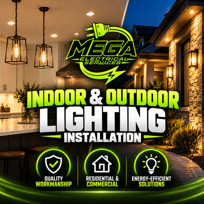 Indoor & Outdoor Lighting Installation - Brighten your home or business with professional indoor and outdoor lighting installation from MEGA Electrical Services. We provide recessed lighting, LED upgrades, ceiling lights, exterior lighting, security lighting, and lighting improvements for renovations and new installations. Whether you're updating your kitchen, illuminating outdoor spaces, or improving energy efficiency, we deliver clean installations and quality workmanship. Proudly serving Milford, Dover, Milton, Lewes, and surrounding Delaware communities.