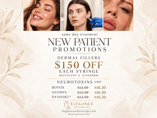 First Time Patient Promotions - First time patients of Elegance Aesthetics Med Spa save big on their first visit here at our Roland Park & Baltimore med spa! $150 off each and any filler we offer, or get Botox & Xeomin for $10.50/unit & Dysport for $3.50/unit.