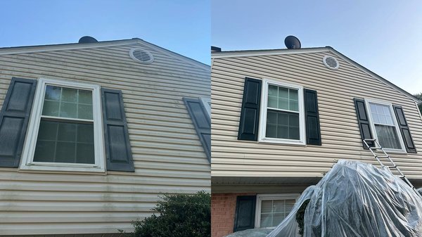 House Washing & Siding Restoration - This project involved a complete exterior cleaning of a two-story home in Rockville, MD. The house had accumulated significant dirt, grime, and algae on its siding, which we thoroughly removed using professional pressure washing techniques. We also took extra care to protect the client's landscaping by covering all plants with protective plastic to ensure no chemicals harmed the garden. The result was a spotless, refreshed exterior that looked like new.