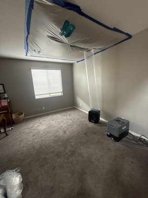 Ceiling Leak - This Ceiling Leak from the upstairs bathroom cause some damage to downstairs as well as the floor upstairs. We were able to safely remove the unsalvageable materials and dry the rest in a clean manner!
