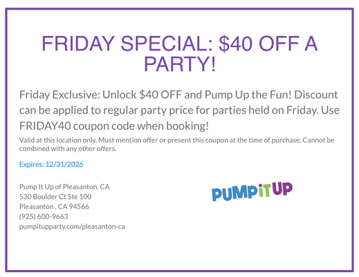 ⭐️ FRIDAY SPECIAL OFFER - $40 OFF A PARTY ⭐️ - Friday Exclusive: Unlock $40 OFF and Pump Up the Fun! Discount can be applied to regular party price for parties held on Friday. 

⭐️ Use FRIDAY40 coupon code when booking! ⭐️ 

** Valid at this location only. Must mention offer or present this coupon at the time of purchase. Cannot be combined with any other offers. Expires: 12/31/2026 **