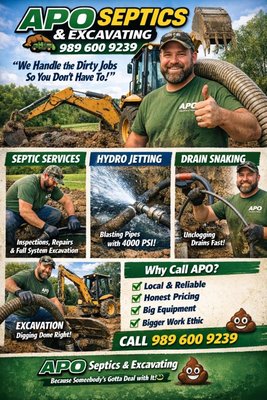 Drain Cleaning and Hydro Jetting Services - Hydrojetting Services by APO Septic And Excavating
APO Septic And Excavating offers advanced hydrojetting services to keep your plumbing and septic systems running smoothly. Using high-pressure water jets, our team efficiently clears tough clogs, debris, and buildup from pipes and sewer lines—restoring peak performance and preventing costly backups.
Our Hydrojetting Solutions
Drain & Sewer Line Cleaning: Safely remove grease, scale, tree roots, and obstructions from residential and commercial pipes.
Preventative Maintenance: Regular hydrojetting to minimize future blockages and extend the life of your plumbing system.
Emergency Hydrojetting: Fast response to urgent clogs, slow drains, or sewage backups—available 24/7.
The APO Advantage
Experienced, certified technicians
Environmentally safe and chemical-free cleaning
Industry-leading equipment for every job
Honest assessments and upfront pricing
Trust APO Septic And Excavating to deliver powerful, long-lasting results. Contact us today for a free consultation or to schedule your hydrojetting service!
Drain Cleaning Services by APO Septic And Excavating
APO Septic And Excavating specializes in thorough, reliable drain cleaning for homes and businesses. Our experienced team uses state-of-the-art tools to quickly tackle clogs, slow drains, and recurring blockages, restoring your plumbing’s efficiency and preventing future problems.
Our Drain Cleaning Expertise
Kitchen, Bathroom, & Utility Drains: Remove grease, soap scum, hair, and debris from all types of drains.
Advanced Diagnostics: Video camera inspections to accurately locate and diagnose issues within your pipes.
Routine Maintenance Plans: Scheduled cleanings to keep your drains flowing freely year-round.
Emergency Services: 24/7 response to urgent drain backups or flooding.
Why Choose APO Septic And Excavating?
Skilled, professional technicians
Safe, effective cleaning solutions
Upfront pricing and honest recommendations
Fast, friendly, and dependable service
Keep your drains clear and your property protected—contact APO Septic And Excavating today to schedule your drain cleaning service or request a free estimate! Drain Cleaning and Hydro Jetting Services - Hydrojetting Services by APO Septic And Excavating
APO Septic And Excavating offers advanced hydrojetting services to keep your plumbing and septic systems running smoothly. Using high-pressure water jets, our team efficiently clears tough clogs, debris, and buildup from pipes and sewer lines—restoring peak performance and preventing costly backups.
Our Hydrojetting Solutions
Drain & Sewer Line Cleaning: Safely remove grease, scale, tree roots, and obstructions from residential and commercial pipes.
Preventative Maintenance: Regular hydrojetting to minimize future blockages and extend the life of your plumbing system.
Emergency Hydrojetting: Fast response to urgent clogs, slow drains, or sewage backups—available 24/7.
The APO Advantage
Experienced, certified technicians
Environmentally safe and chemical-free cleaning
Industry-leading equipment for every job
Honest assessments and upfront pricing
Trust APO Septic And Excavating to deliver powerful, long-lasting results. Contact us today for a free consultation or to schedule your hydrojetting service!
Drain Cleaning Services by APO Septic And Excavating
APO Septic And Excavating specializes in thorough, reliable drain cleaning for homes and businesses. Our experienced team uses state-of-the-art tools to quickly tackle clogs, slow drains, and recurring blockages, restoring your plumbing’s efficiency and preventing future problems.
Our Drain Cleaning Expertise
Kitchen, Bathroom, & Utility Drains: Remove grease, soap scum, hair, and debris from all types of drains.
Advanced Diagnostics: Video camera inspections to accurately locate and diagnose issues within your pipes.
Routine Maintenance Plans: Scheduled cleanings to keep your drains flowing freely year-round.
Emergency Services: 24/7 response to urgent drain backups or flooding.
Why Choose APO Septic And Excavating?
Skilled, professional technicians
Safe, effective cleaning solutions
Upfront pricing and honest recommendations
Fast, friendly, and dependable service
Keep your drains clear and your property protected—contact APO Septic And Excavating today to schedule your drain cleaning service or request a free estimate!