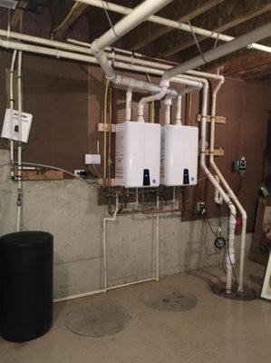 Water Heater to Tankless Conversion - Home owner was ready for an upgrade! We removed to 50 gallon gas water heaters and installed two new tankless water heaters. This home owner will diffidently not be running out of hot water any time soon. Water Heater to Tankless Conversion - Home owner was ready for an upgrade! We removed to 50 gallon gas water heaters and installed two new tankless water heaters. This home owner will diffidently not be running out of hot water any time soon.