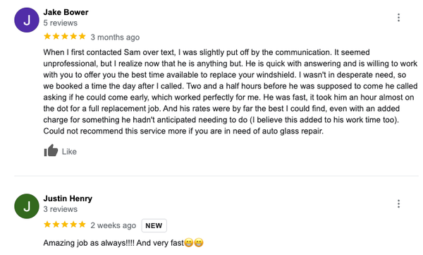 5 Star Client Testimonials|400+ Google Reviews - $20 Off 1st Time Clients. Expert mobile auto glass service professional servicing commercial & regular vehicles for drivers in Nashville, Smyrna, Antioch, Murfreesboro, Franklin, Nolensville, & Brentwood. Our service is affordable and quick, and we come to your location promptly anywhere in our service area. We specialize in mobile windshield replacement, mobile auto window replacement, mobile back glass replacement, & commercial services. Call or message us today to claim your $20 discount.