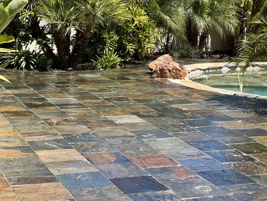 Flagstone Sealing - This project was performed with a hot water pressure wash and sealed with 2 part epoxy water base sealer. Flagstone Sealing - This project was performed with a hot water pressure wash and sealed with 2 part epoxy water base sealer.