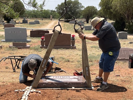 Monument Levelling - Howard and Mitch Will go out to the cemetery where your monument looks to be leaning or unlevel to lift and re-level to preserve your monument.