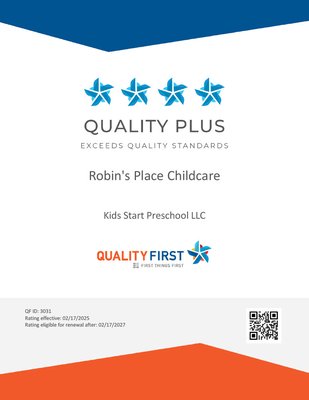 Quality First 4-Star Rating - Our center is never out of ratio where your child is put in unsafe situations. Big box, franchise places have no problem charging low-ball tuition to get you in the door and then squeezing their staff into unsafe, improper child to staff ratios. Unfortunately, this happens all to often, particularly in the well known franchise facilities. At Robin's Place, we don't play those games! Quality First 4-Star Rating - Our center is never out of ratio where your child is put in unsafe situations. Big box, franchise places have no problem charging low-ball tuition to get you in the door and then squeezing their staff into unsafe, improper child to staff ratios. Unfortunately, this happens all to often, particularly in the well known franchise facilities. At Robin's Place, we don't play those games!