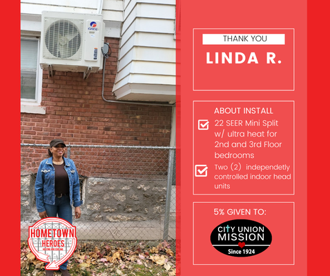 Linda R Multi-Zone Mini Split Installation - Linda has an old, downtown 3 story house that was not receiving heat in one of our 2nd story bedrooms and no heat at all to the third floor - where her living space is. We were able to supply a two head mini split set up with Ultra Heat capabilities to be able to heat and cool all of the spaces that were otherwise completely unconditioned.