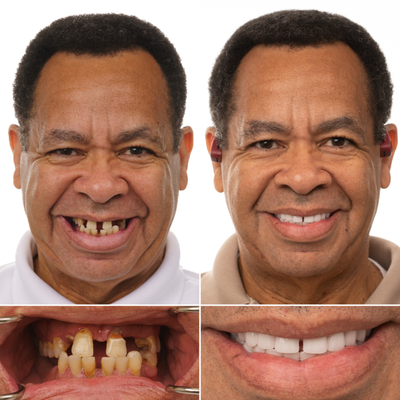 Richard's Custom Smile Transformation: Full Mouth Dental Implants - This full mouth dental implant transformation for Richard highlights the power of customization! With our in-house lab, we created a smile that not only fit perfectly but also preserved the natural gap, giving a truly unique and personalized look! Richard's Custom Smile Transformation: Full Mouth Dental Implants - This full mouth dental implant transformation for Richard highlights the power of customization! With our in-house lab, we created a smile that not only fit perfectly but also preserved the natural gap, giving a truly unique and personalized look!