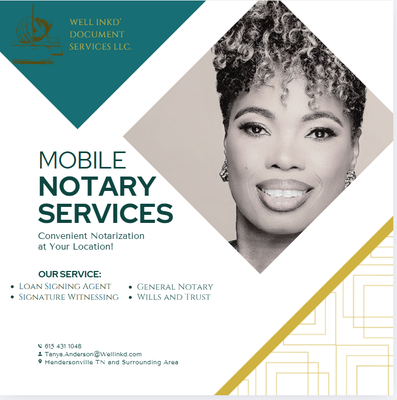 Well Inkd - Mobile Notary Services - Servicing Sumner, Williamson, Davidson and Rutherford Counties TN, Well Ink'd Document Services a mobile licensed and NNA Certified Notary Signing Agent for the state of Tennessee. I bring over 15 years of corporate experience in contract management to the notary profession. My background ensures a high level of precision, professionalism, and reliability in every signing. I’m committed to delivering accurate, timely, and confidential notarial services with a strong focus on client trust and satisfaction. Well Inkd - Mobile Notary Services - Servicing Sumner, Williamson, Davidson and Rutherford Counties TN, Well Ink'd Document Services a mobile licensed and NNA Certified Notary Signing Agent for the state of Tennessee. I bring over 15 years of corporate experience in contract management to the notary profession. My background ensures a high level of precision, professionalism, and reliability in every signing. I’m committed to delivering accurate, timely, and confidential notarial services with a strong focus on client trust and satisfaction.