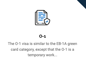 O-1 Temporary work visa - The O-1 visa is similar to the EB-1A green card category, except that the O-1 is a temporary work visa. O-1 Temporary work visa - The O-1 visa is similar to the EB-1A green card category, except that the O-1 is a temporary work visa.