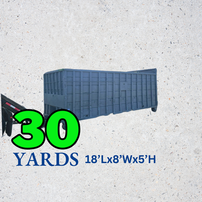 30 Yard Dumpster - 18"Lx8'Wx5'H - ✔ Suitable for larger projects, such as major home renovations, commercial cleanouts, or construction debris disposal.

✔ Can hold approximately 9 pickup truck loads of debris.

✔ Offers ample space for substantial volumes of waste.

✔ Easily fits in a standard 2 car driveway

✔ Perfect choice for larger project light weight projects

-DUMPSTER SIZES MAY VARY