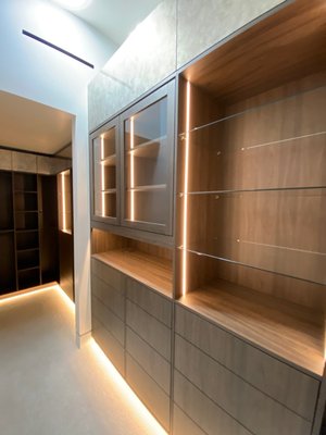 Elevated Lighting Closet - Timeless materials with a sleek no handles finish all hardware is push open with soft close drawers. Egger material and TAG Closet Hardware
