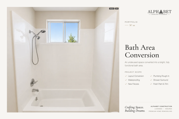 Bathtub and Shower Remodel – Clean, Bright, and Functional - This bathroom remodel focused on refreshing the bathtub and shower area for a cleaner, more modern look. Scope of work included:
	•	Installation of a new bathtub with clean, crisp lines
	•	Wall tile installation around the shower area for a waterproof and low-maintenance surface
	•	New showerhead and plumbing fixtures for improved functionality
	•	Window cleaning and sealing for natural light without compromising privacy
	•	Full prep and refinishing work to ensure long-term durability
A simple yet effective upgrade that enhances comfort, cleanliness, and value in the home.