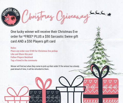 Christmas Giveaway! - It wouldn't be a Swine Christmas without a GIVEAWAY!! Place an order over $100, follow, like, share, and tag for your chance to win your 💰WHOLE ORDER FREE 💰 PLUS a gift card to the Swine AND a gift card to @playersrockland ! Christmas Giveaway! - It wouldn't be a Swine Christmas without a GIVEAWAY!! Place an order over $100, follow, like, share, and tag for your chance to win your 💰WHOLE ORDER FREE 💰 PLUS a gift card to the Swine AND a gift card to @playersrockland !