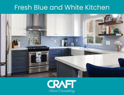 Fresh Blue and White Kitchen Remodel - Check this fresh blue and white kitchen transformation by Craft Home Remodeling! We blended white cabinetry with soothing blue accents, creating a bright, airy space. The modern finishes and open layout bring elegance and functionality together. Fresh Blue and White Kitchen Remodel - Check this fresh blue and white kitchen transformation by Craft Home Remodeling! We blended white cabinetry with soothing blue accents, creating a bright, airy space. The modern finishes and open layout bring elegance and functionality together.