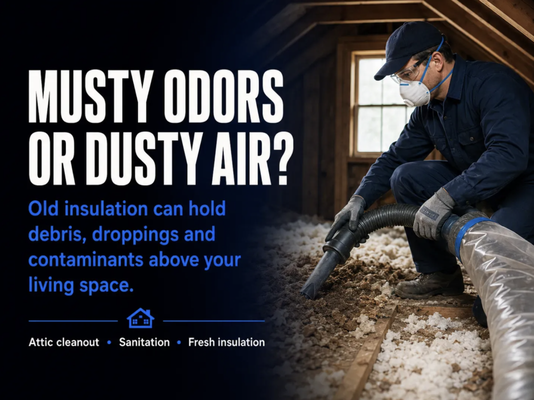 Freshen Up Your Home’s Air Quality - Noticing musty odors or stale, dirty air in your home? Old insulation, poor air sealing, or attic debris could be to blame. I offer thorough attic cleanouts, insulation upgrades, and sanitation to help you breathe easier and enjoy a fresher, healthier living space. Schedule your free in-home consultation today!