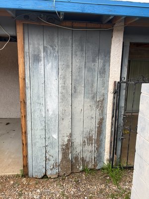 Wood Repair - This wood panel on the side of the storage shed of this home was rotted and damaged. It was removed and replaced. Wood Repair - This wood panel on the side of the storage shed of this home was rotted and damaged. It was removed and replaced.