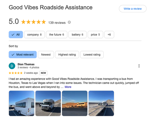 We're A Five Star Business On Google! - Good Vibes Roadside Assistance is the trusted name for roadside help in Las Vegas and up to 200 miles beyond. Backed by five years of hands-on experience, we’ve built our reputation on fast, friendly, and professional service that puts drivers first—no matter where the road takes them.
We’re proud of our five-star status on Yelp, but our commitment to excellence doesn’t stop there. With hundreds of five-star reviews on Google, our customers agree: Good Vibes delivers peace of mind with every service call, whether it’s a jumpstart, lockout, tire change, fuel delivery, or battery replacement.
Our trained, courteous technicians are available 24/7, providing quick response times and honest, upfront pricing. Whether you’re a Las Vegas local or on a road trip adventure, you can always count on us for reliable help and genuine good vibes. We go the extra mile (up to 200 of them!) so you can get back on the road with confidence. We're A Five Star Business On Google! - Good Vibes Roadside Assistance is the trusted name for roadside help in Las Vegas and up to 200 miles beyond. Backed by five years of hands-on experience, we’ve built our reputation on fast, friendly, and professional service that puts drivers first—no matter where the road takes them.
We’re proud of our five-star status on Yelp, but our commitment to excellence doesn’t stop there. With hundreds of five-star reviews on Google, our customers agree: Good Vibes delivers peace of mind with every service call, whether it’s a jumpstart, lockout, tire change, fuel delivery, or battery replacement.
Our trained, courteous technicians are available 24/7, providing quick response times and honest, upfront pricing. Whether you’re a Las Vegas local or on a road trip adventure, you can always count on us for reliable help and genuine good vibes. We go the extra mile (up to 200 of them!) so you can get back on the road with confidence.
