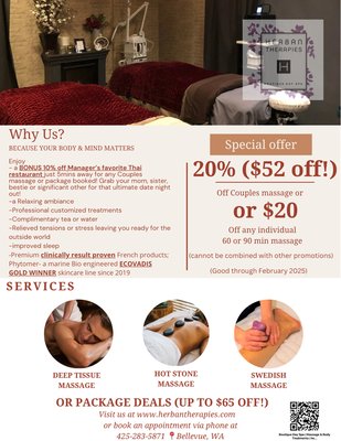 Specials - Mention any 1 of these specials to redeem at checkout. 

Please note: 
1) expiration dates 
2) cannot be redeemed with other specials/discounts/already reduced spa packages
