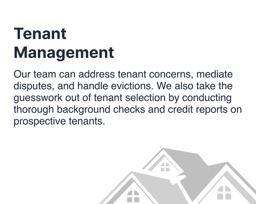 Property Services - Property Inspections and Reporting:  Tenant Management:  Legal Compliance:  Property Maintenance & Financial Management:  Vacancy Management:  Emergency Response: