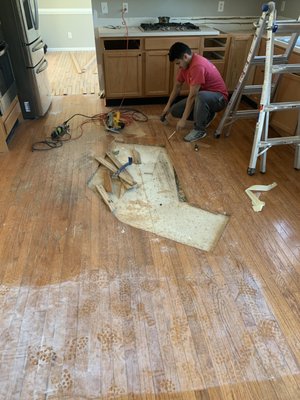 Hard Wood Flooring Installation and Repair - Surprises do happen in the field especially when you remove the kitchen island to realize there is no floor. Our crew patch the area and made It look new like it was never there before.
Also, installation of a new hardwood flooring, sand existing floors, and stain all in one beautiful color.
Call us for a free estimate.
A good result should not be a luxury.
https://hiendremodeling.com/