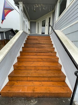 Exterior Stairs - These stairs had seen better days and it was time for them to go. There was significant rot in the boards and the stringers, which was worse than expected because none of the wood was pressure treated. The stringer spacing was also not up to code at roughly 30", these stairs were a major hazard.
We used pressure treated lumber for the new stairs, being careful to seal all cuts. The stringers now meet code at 16" on center. We also fixed the rise/run of the stairs to be 7/11, which is more common and meets code. These stairs should last a long time and will be much more safe than the old stairs. Exterior Stairs - These stairs had seen better days and it was time for them to go. There was significant rot in the boards and the stringers, which was worse than expected because none of the wood was pressure treated. The stringer spacing was also not up to code at roughly 30", these stairs were a major hazard.
We used pressure treated lumber for the new stairs, being careful to seal all cuts. The stringers now meet code at 16" on center. We also fixed the rise/run of the stairs to be 7/11, which is more common and meets code. These stairs should last a long time and will be much more safe than the old stairs.