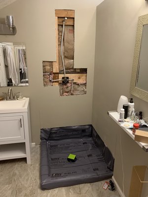 Shower remodel - Met Biff through the Yelp platform. Pleasure to work with and had a good vision of what he wanted. He initially had a fiberglass base that he had put in and we steered away from that and went with a mud set floor and drain. Shower remodel - Met Biff through the Yelp platform. Pleasure to work with and had a good vision of what he wanted. He initially had a fiberglass base that he had put in and we steered away from that and went with a mud set floor and drain.