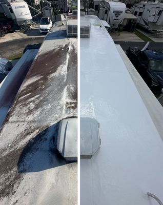 Liquid roofing membrane with reinforced fabrics - A client came to us for repairs on their 26ft RV, which had a leaking roof. We replaced several sheets of plywood and applied a new coating. We used a liquid roof membrane with reinforced fabric. Additionally, we replaced the vent and carefully treated the seams and connections. Liquid roofing membrane with reinforced fabrics - A client came to us for repairs on their 26ft RV, which had a leaking roof. We replaced several sheets of plywood and applied a new coating. We used a liquid roof membrane with reinforced fabric. Additionally, we replaced the vent and carefully treated the seams and connections.