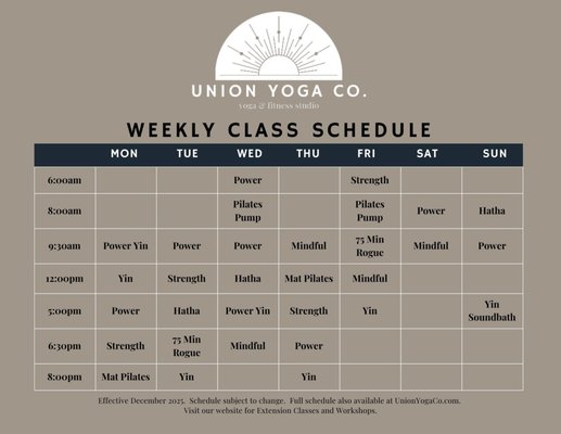 2026 Schedule - At Union Yoga Co., we're dedicated to nurturing a vibrant community, sparking curiosity, and empowering individuals to explore their potential on the mat. Whether you're new to yoga or a seasoned practitioner, our diverse classes offer a supportive environment for building confidence, expanding your practice, and embracing continuous growth. Our mission is to meet you at your unique point in the journey, providing unwavering support and encouragement every step of the way. Together, we'll discover the strength that lies within each of us. 2026 Schedule - At Union Yoga Co., we're dedicated to nurturing a vibrant community, sparking curiosity, and empowering individuals to explore their potential on the mat. Whether you're new to yoga or a seasoned practitioner, our diverse classes offer a supportive environment for building confidence, expanding your practice, and embracing continuous growth. Our mission is to meet you at your unique point in the journey, providing unwavering support and encouragement every step of the way. Together, we'll discover the strength that lies within each of us.