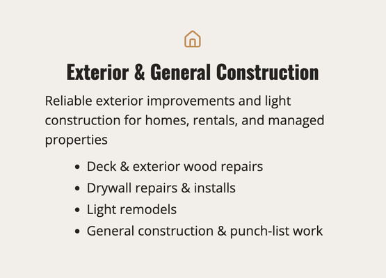 Our Services- Exterior and General Construction - Reliable exterior improvements, call today for details and customizable solutions. Our Services- Exterior and General Construction - Reliable exterior improvements, call today for details and customizable solutions.