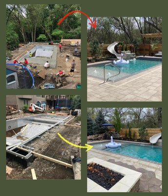 Backyard transformation - Regular backyard transformed to a beautiful oasis, fully customized with a inground pool, outdoor kitchen, fire feature/pit, a rock waterfall feature infront of the slide, including a larger rock waterfall feature toward the far sitting area. Water fountains, pergola sitting area, and more. 
You dream it, we build it.