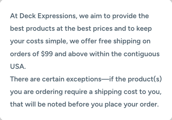 Free Shipping Over $99! - Enhance your outdoor living space with Deck Expressions, the trusted name in building supplies. Whether you’re tackling a new project or updating an old one, we have everything you need.
🚚 Special Perk:
Enjoy FREE Shipping on All Orders Over $99!
Get top-quality supplies delivered to your door—easy and affordable.
Why Choose Deck Expressions?
Huge selection of decking, railing (including RDI Railing ), lighting, and hardware
Fast online shopping with quick, secure checkout
Friendly experts to help you with materials and project tips
Start Your Project Today:
Visit deckexpressions.com and take advantage of free shipping on orders over $99! Free Shipping Over $99! - Enhance your outdoor living space with Deck Expressions, the trusted name in building supplies. Whether you’re tackling a new project or updating an old one, we have everything you need.
🚚 Special Perk:
Enjoy FREE Shipping on All Orders Over $99!
Get top-quality supplies delivered to your door—easy and affordable.
Why Choose Deck Expressions?
Huge selection of decking, railing (including RDI Railing ), lighting, and hardware
Fast online shopping with quick, secure checkout
Friendly experts to help you with materials and project tips
Start Your Project Today:
Visit deckexpressions.com and take advantage of free shipping on orders over $99!