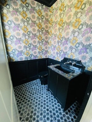 Wallpaper in the powder room - This bright wallpaper was chosen for the powder room of the new builded house by the designer. And we did the installation. This wallpaper fits perfectly with the rest of the interior details. Wallpaper in the powder room - This bright wallpaper was chosen for the powder room of the new builded house by the designer. And we did the installation. This wallpaper fits perfectly with the rest of the interior details.